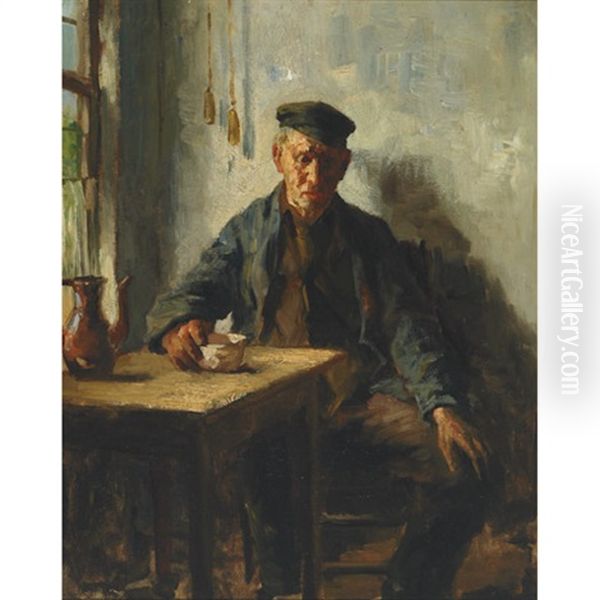 A Mid Day Prayer (+ Old Peasant Resting In A Kitchen; 2 Works) Oil Painting by Bernard de Hoog