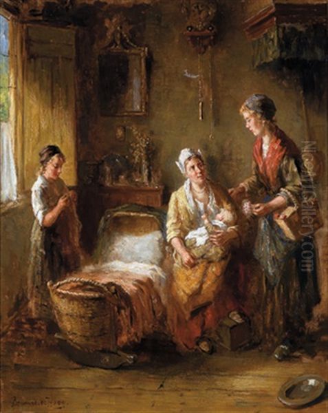 Hollandisches Interieur Mit Einer Frau Und Einem Jungen Madchen, Die Eine Wochnerin Besuchen Oil Painting by Bernard de Hoog