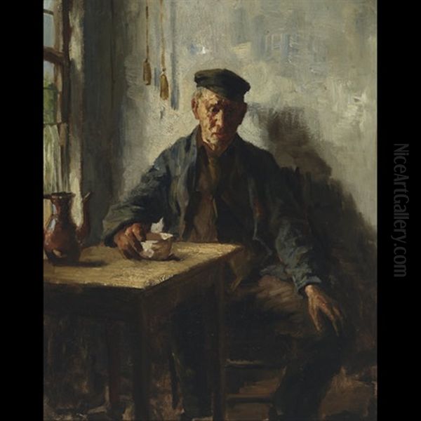 A Mid Day Prayer (+ Old Peasant Resting In A Kitchen; 2 Works) Oil Painting by Bernard de Hoog