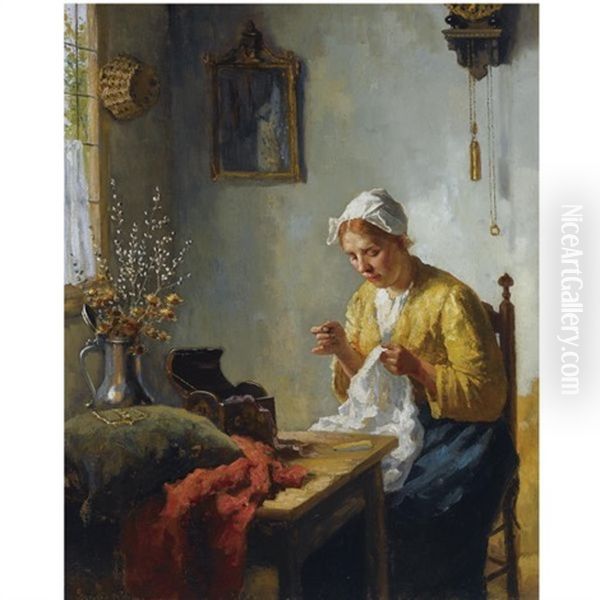 Doing Needlework By The Window Oil Painting by Bernard de Hoog