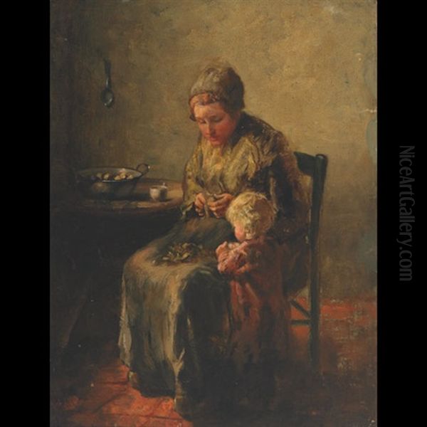 Interior With Mother And Child Oil Painting by Bernard de Hoog