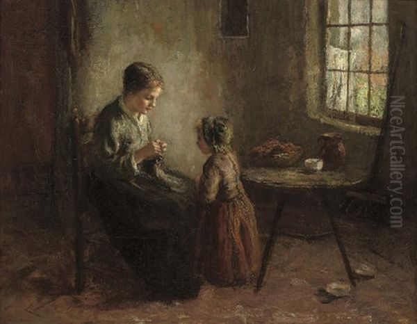 The Knitting Lesson Oil Painting by Bernard de Hoog