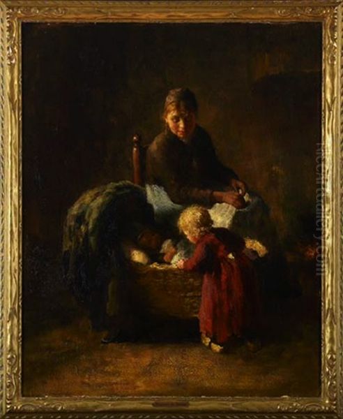 A Mother Knitting With Her Two Children At Her Side Oil Painting by Bernard de Hoog