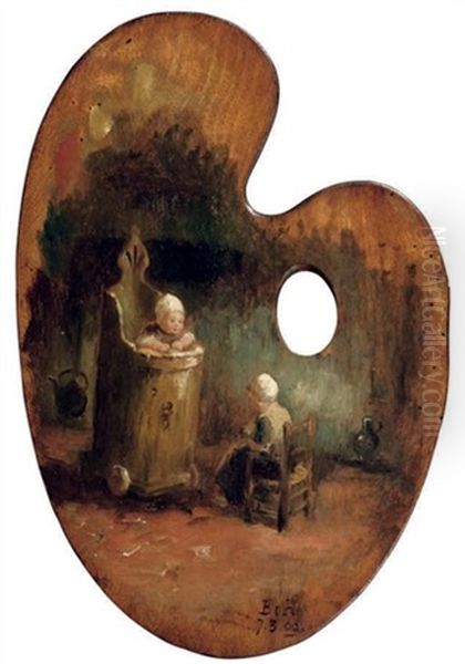 Children In An Interior - A Palette Oil Painting by Bernard de Hoog