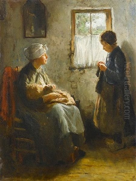 The Knitting Lesson Oil Painting by Bernard de Hoog