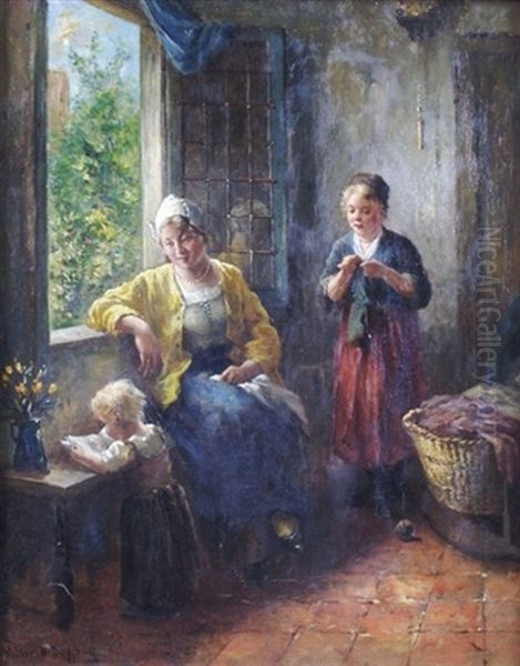 Interior Scene With Two Women And A Child Oil Painting by Bernard de Hoog