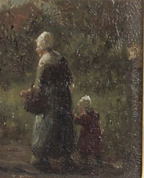 Mother And Child On A Lane Oil Painting by Bernard de Hoog