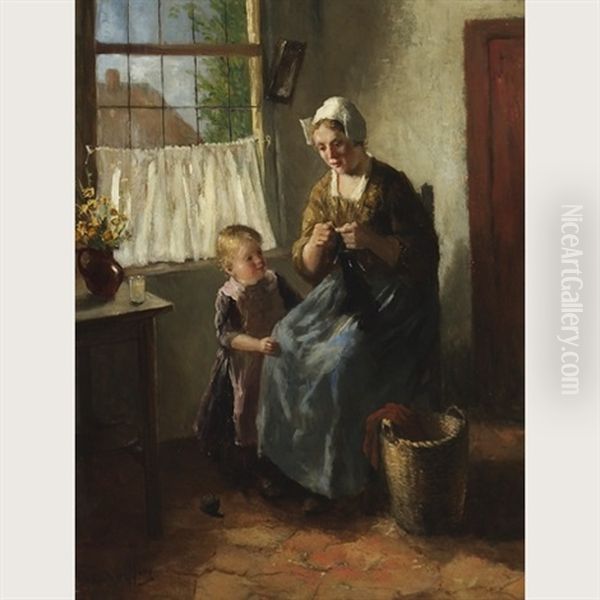 The Knitting Lesson Oil Painting by Bernard de Hoog