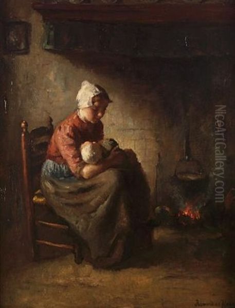 Mother And Child Beside The Fire Oil Painting by Bernard de Hoog