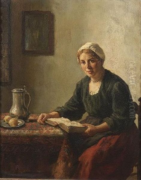 A Lady Reading At A Table Oil Painting by Bernard de Hoog