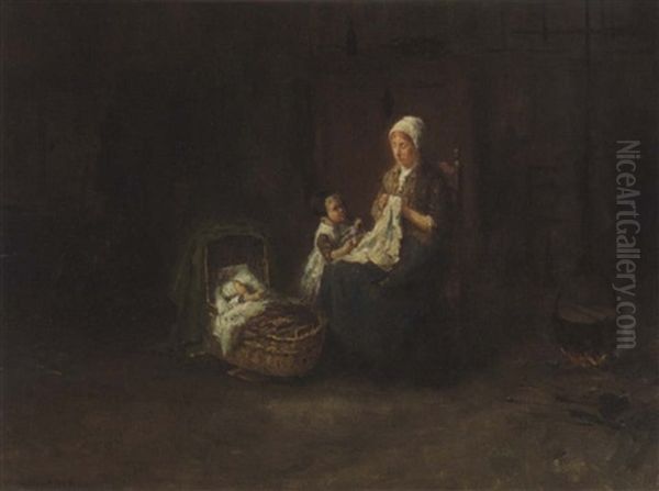 A Mother And Her Children In An Interior Oil Painting by Bernard de Hoog