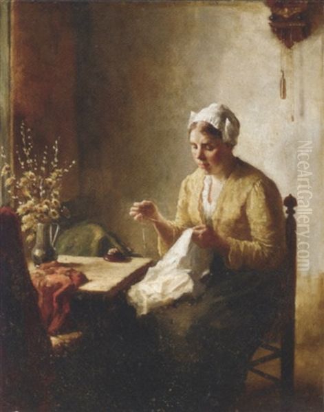 A Woman Sewing In An Interior Oil Painting by Bernard de Hoog