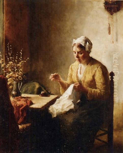 A Woman Sewing In An Interior Oil Painting by Bernard de Hoog