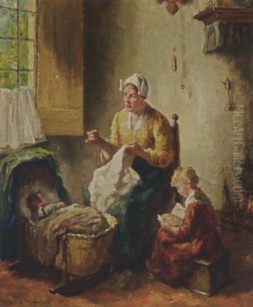 A Mother And Her Children In An Interior Oil Painting by Bernard de Hoog