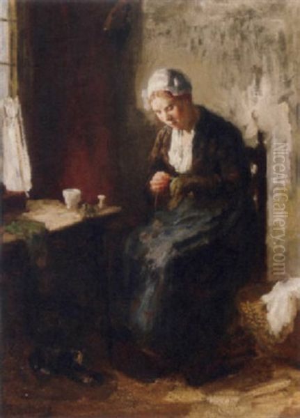 A Girl Sewing Oil Painting by Bernard de Hoog