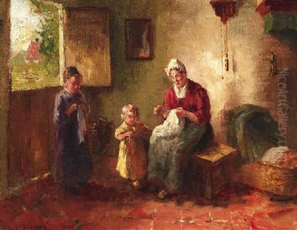 Mutter Mit Zwei Kleinkindern In Der Bauernkate Oil Painting by Bernard de Hoog