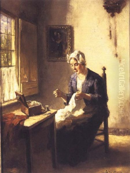 A Lady Sewing In An Interior Oil Painting by Bernard de Hoog