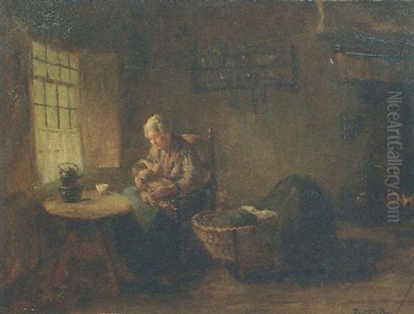 Mother Feeding A Baby In Cottage Interior Oil Painting by Bernard de Hoog