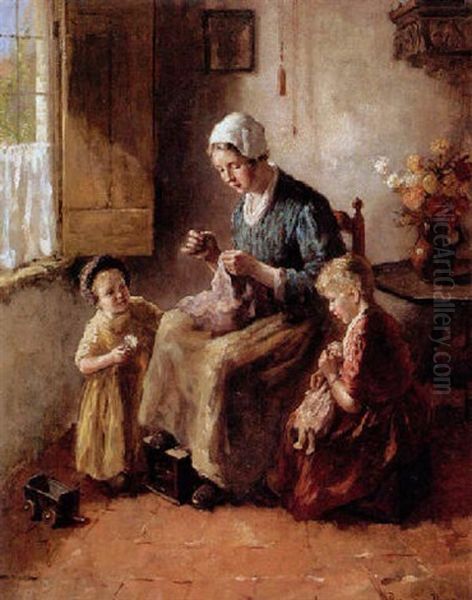 Mother With Children In An Interior Oil Painting by Bernard de Hoog