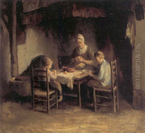 Interior Med Mor Og Born Ved Middagsbordet Oil Painting by Bernard de Hoog