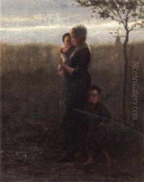 Mother And Children On Country Lane Oil Painting by Bernard de Hoog