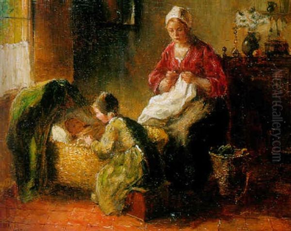 A Cottage Interior With A Mother, Child And Baby Oil Painting by Bernard de Hoog