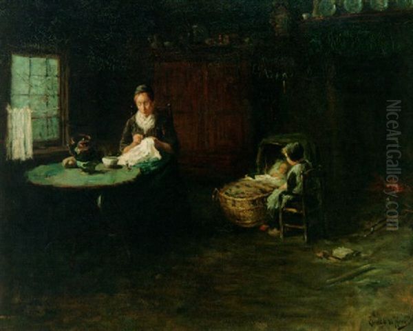 A Family In A Laren Interior Oil Painting by Bernard de Hoog