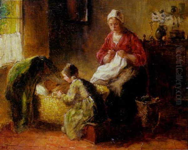 A Cottage Interior With A Mother, Child And A Baby Oil Painting by Bernard de Hoog