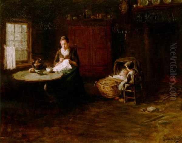 A Family In A Laren Interior Oil Painting by Bernard de Hoog