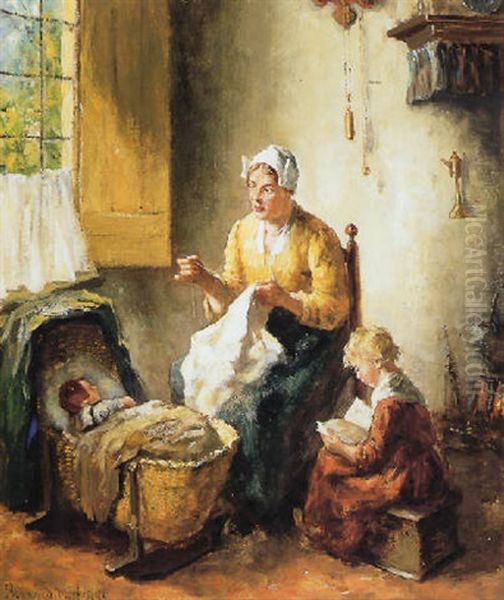 Interieur Met Moeder En Kinderen Oil Painting by Bernard de Hoog