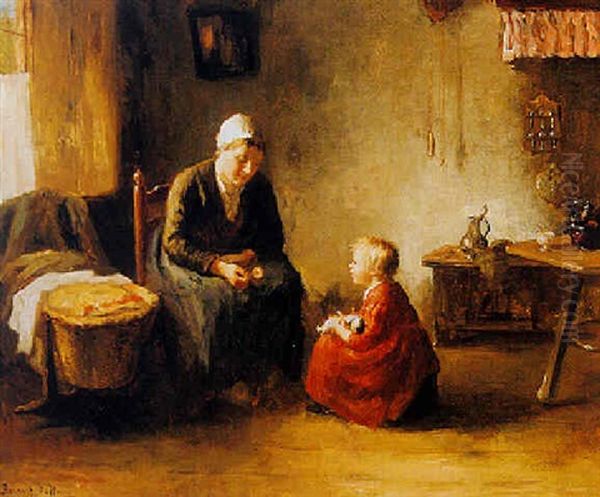 A Mother And Child In An Interior Oil Painting by Bernard de Hoog