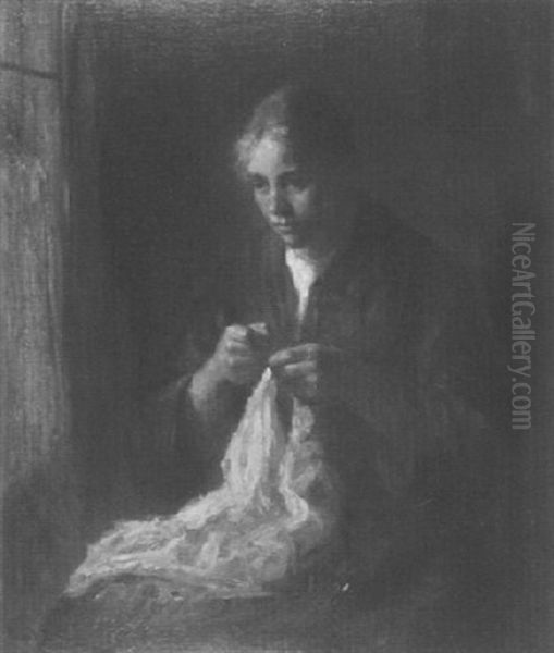 Woman Sewing At A Window Oil Painting by Bernard de Hoog