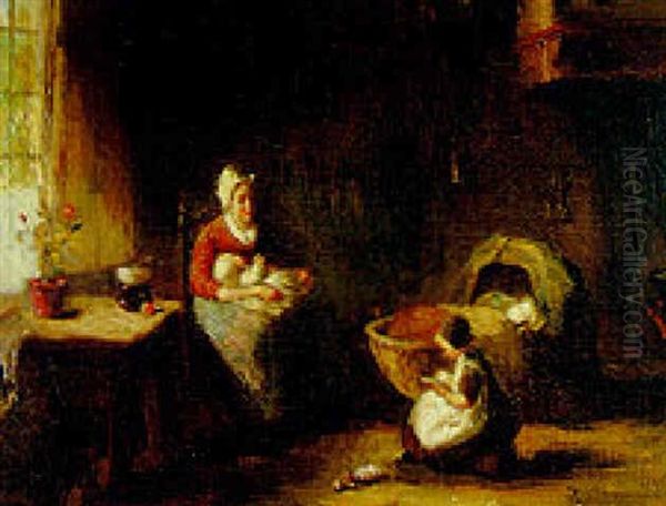 A Mother And Her Children In An Interior Oil Painting by Bernard de Hoog