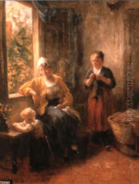 Interior Genre Scene With Mother And Children Oil Painting by Bernard de Hoog