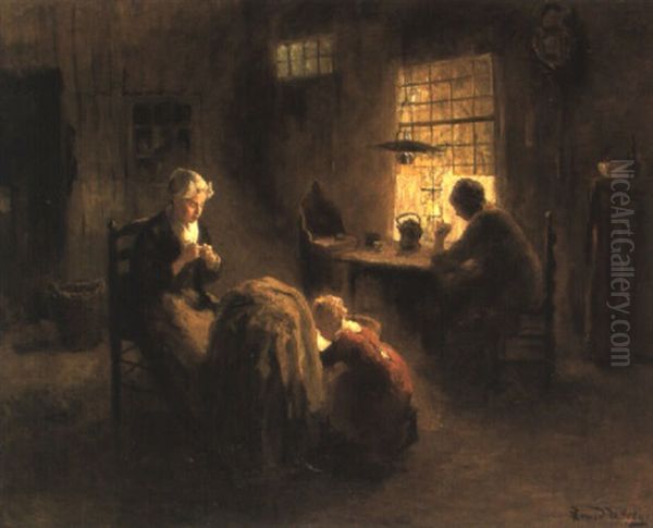 Figures In A Dutch Interior Oil Painting by Bernard de Hoog