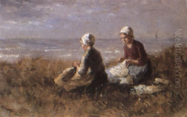 Fishergirls Sewing On A Clifftop Oil Painting by Bernard de Hoog