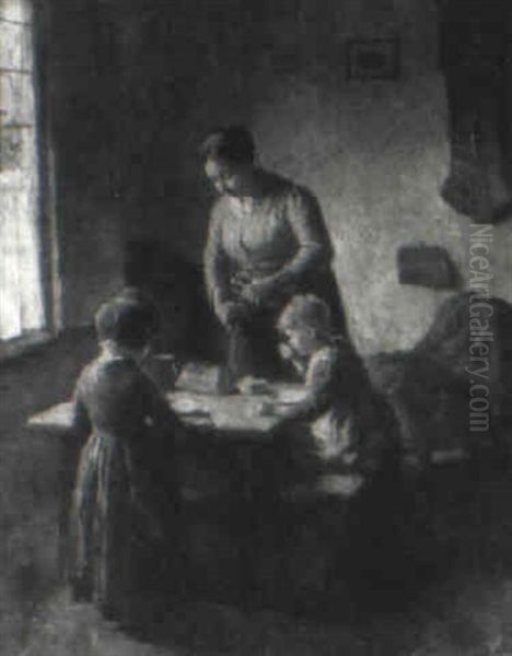 Dutch Mother Slicing Bread At Kitchen Table Oil Painting by Bernard de Hoog