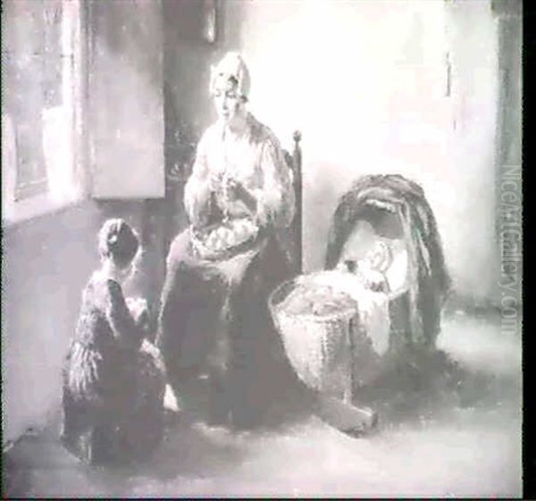 Mother, Daughter And Baby In An Interior Oil Painting by Bernard de Hoog