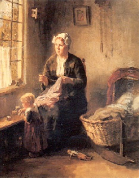 Mother And Children In An Interior Oil Painting by Bernard de Hoog