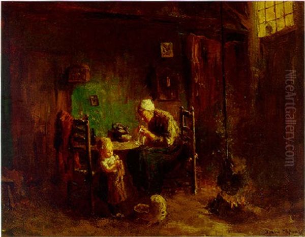 Interior With Young Mother Sewing And Child With Doll Oil Painting by Bernard de Hoog