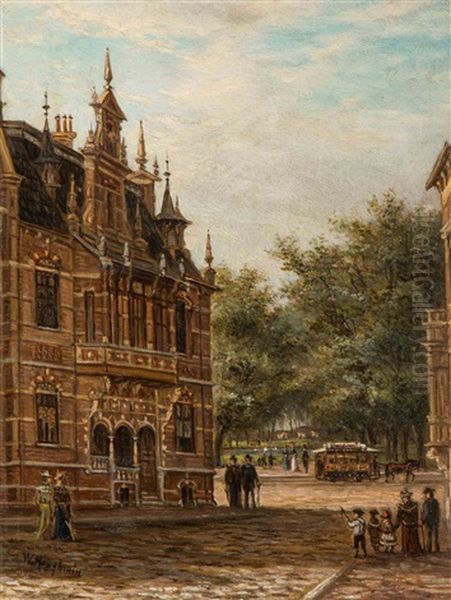 View Of A City With Elegant Figures At The Town Park Oil Painting by Johannes Matthijs Hoogbruin