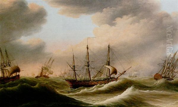 Dutch Men-of-war In Choppy Seas Oil Painting by Engel Hoogerheyden