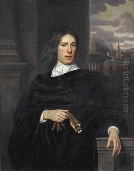 Portrait Of A Gentleman, Three-quarter Length, In A Black Costume With A White Collar Holding A Glove In His Right Hand, Standing On A Balcony With An Italian Cityscape Beyond Oil Painting by Samuel Van Hoogstraten