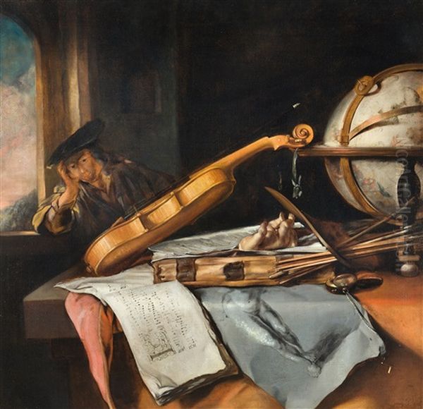 Vanitas-stillleben Mit Nachdenkendem Jungen Mann Oil Painting by Samuel Van Hoogstraten