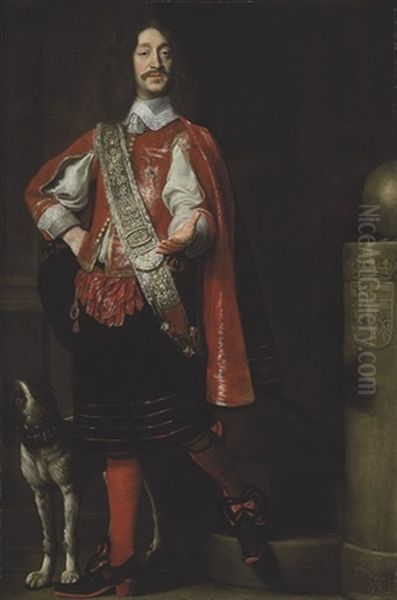 Portrait Of Count Ferdinand Von Werdenberg In A Red Coat With An Embroidered Sash, A Brittany Spaniel At His Side Oil Painting by Samuel Van Hoogstraten