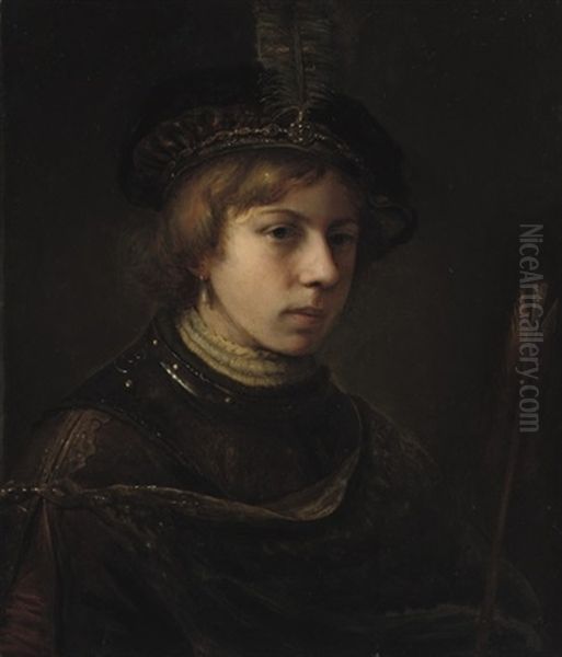 A Tronie Of A Boy Wearing A Breastplate And A Feathered Cap, Holding An Arrow Oil Painting by Samuel Van Hoogstraten