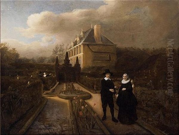 A Portrait Of Johan Cornelisz. Vijgeboom Handing His Wife, Anneken Joosten Boogaert A Tulip In The Garden Of Their Manor House Near Dubbeldam Oil Painting by Samuel Van Hoogstraten