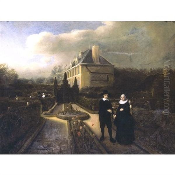 Portrait Of Jan Cornelisz. Vijgeboom Handing His Wife, Anneken Joosten Boogaert A Tulip In The Garden Of A Manor House Oil Painting by Samuel Van Hoogstraten