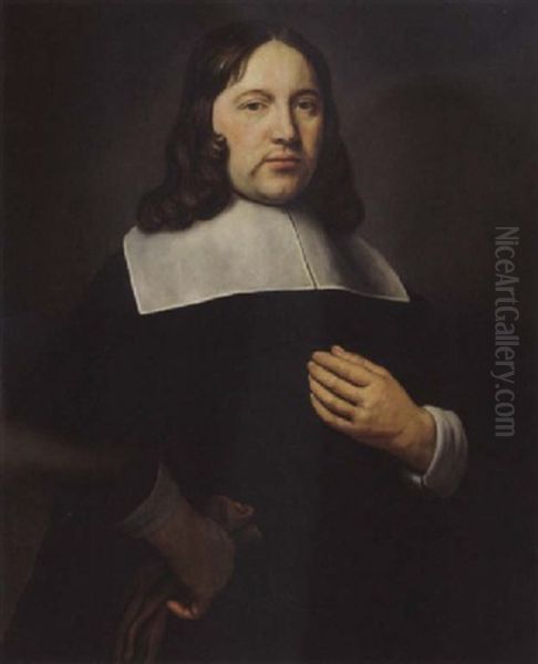 A Portrait Of A Gentleman, Wearing A Black Coat With A White Collar And Holding Gloves In His Right Hand Oil Painting by Samuel Van Hoogstraten