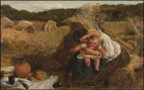 A Well-deserved Lunch, A Woman With Child With Infant In A Hayfield And Figures Cutting Hay Beyond Oil Painting by James Clarke Hook